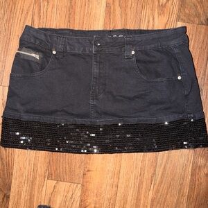 Black Sequin Trim Denim Skirt